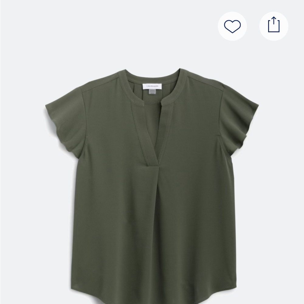 Calvin Klein Olive Green Split-Neck Flutter Sleeve Blouse
